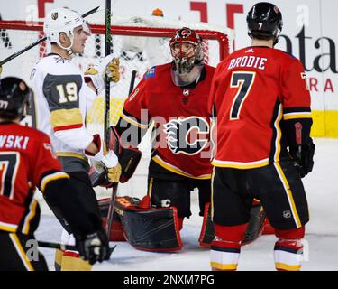 Vegas Golden Knights Reilly Smith left celebrates his goal as