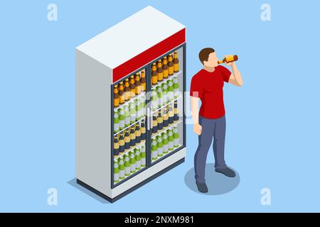 Isometric Different colored bottles and cans with a beer in fridges. Oktoberfest beer barrel, Brewery beer production. Stock Vector