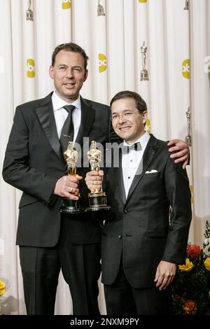Academy award winners Shaun Tan (right) and Andrew Ruhemann (left) pose ...