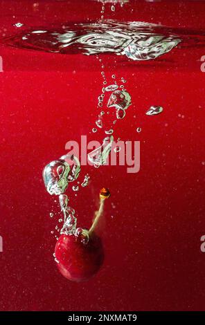 ripe cherries fall into the water raising splashes and air bubbles Stock Photo