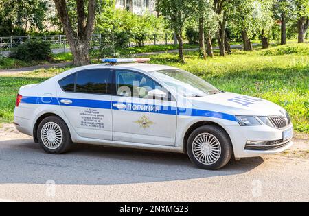 Valdai, Russia - August 6, 2022: Russian police patrol vehicle parked on the city street in summer day Stock Photo