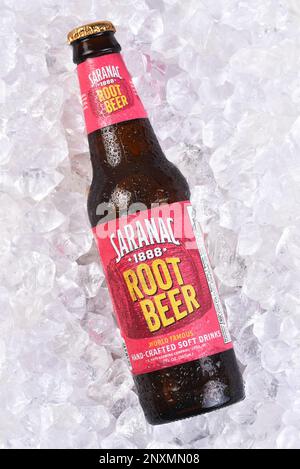 IRIVNE, CALIFORNIA - 01 MAR 2023: A bottle of Saranac 1888 Root Beer, hand crafted soda in a bed of ice. Stock Photo