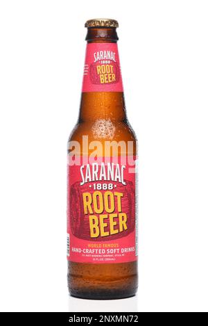 IRIVNE, CALIFORNIA - 01 MAR 2023: A bottle of Saranac 1888 Root Beer, hand crafted soda. Stock Photo