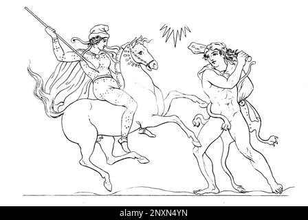 Hercules (Heracles) stealing Hippolyta's belt, his ninth labor. Hippolyta was Queen of the Amazons. From: Outlines from the figures and compositions upon the Greek, Roman, and Etruscan vases of the late Sir William Hamilton, 1804. Stock Photo