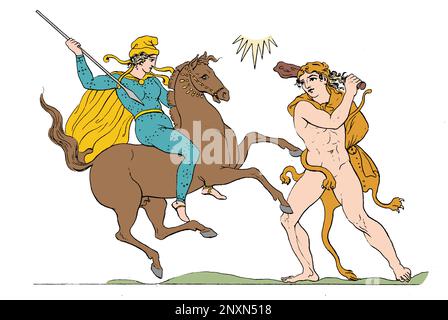 Hercules (Heracles) stealing Hippolyta's belt, his ninth labor. Hippolyta was Queen of the Amazons. From: Outlines from the figures and compositions upon the Greek, Roman, and Etruscan vases of the late Sir William Hamilton, 1804. Colorized. Stock Photo