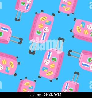 Pinks traveler's suitcase seamless pattern. Vector illustration in cartoon flat style isolated on blue background. Stock Vector