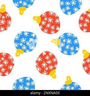 Red and blue balls hanging toy. Merry Christmas and Happy New Year. Vector seamless pattern of tree decoration in outline doodle style isolated on whi Stock Vector