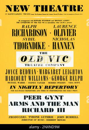 Playbill designed by S. JOHN WOODS for RALPH RICHARDSON LAURENCE OLIVIER SYBIL THORNDIKE NICHOLAS HANNEN JOYCE REDMAN and MARGARET LEIGHTON in The Old Vic Theatre Company 1st Season of Plays in Repertory 1944 - 1945 at the New Theatre, London consisting of PEER GYNT, ARMS AND THE MAN, and RICHARD III Stock Photo