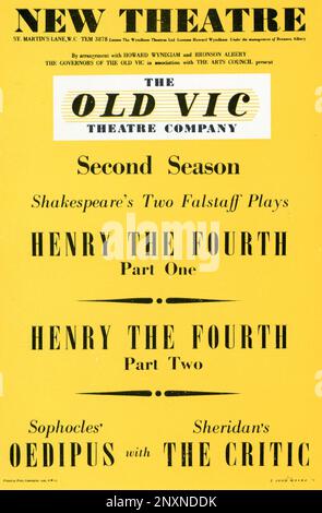 Playbill designed by S. JOHN WOODS for LAURENCE OLIVIER RALPH RICHARDSON SYBIL THORNDIKE and JOYCE REDMAN in The Old Vic Theatre Company 2nd Season of Plays in Repertory 1945 - 1946 at the New Theatre, London consisting of Shakespeare's Two Falstaff plays HENRY IV Part One and Two and Sophocles' OEDIPUS and Sheridan's THE CRITIC Stock Photo