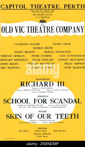 Playbill designed by S. JOHN WOODS for LAURENCE OLIVIER VIVIEN LEIGH TERENCE MORGAN and PETER CUSING in The Old Vic Theatre Company 1948 Australasian Tour of Plays in Repertory opening in March 1948 at the Capitol Theatre, Perth, Australia with RICHARD III, SCHOOL FOR SCANDAL and SKIN OF OUR TEETH Stock Photo