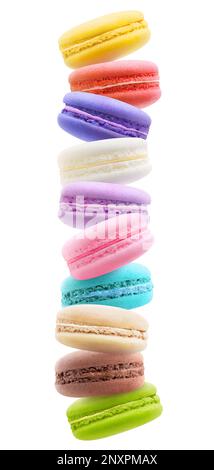 Multicolored macaroons levitation isolated on white background Stock Photo