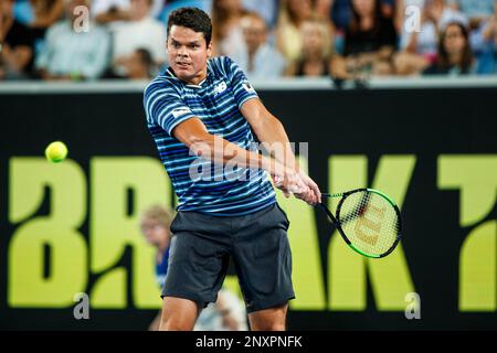 MELBOURNE, VIC - JANUARY 10: MILOS RAONIC (CAN) during Tie Break Ten event  on January 10, 2018 leading up to the 2018 Australian Open at Melbourne  Park Tennis Centre Melbourne, Australia (Photo