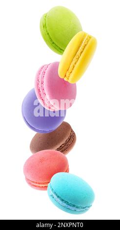 Levitating macaroons of different colors isolated on white background Stock Photo