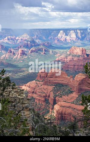 vertical image looking down north of Sedona Arizona from high on Munds Mountain Stock Photo