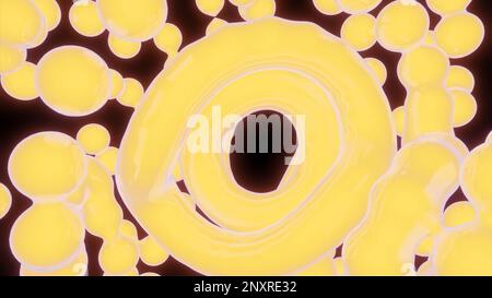 Liquid molecules move with rings. Design. Liquid 3d molecules combine into rings. 3D liquid molecules move in psychedelic animation. Stock Photo