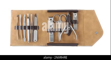 Manicure set in case isolated on white, top view Stock Photo