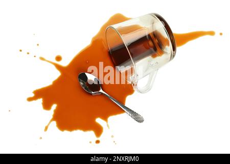 Overturned cup and spilled coffee on white background Stock Photo