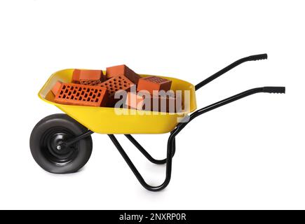 Pile of red bricks in wheelbarrow on white background Stock Photo