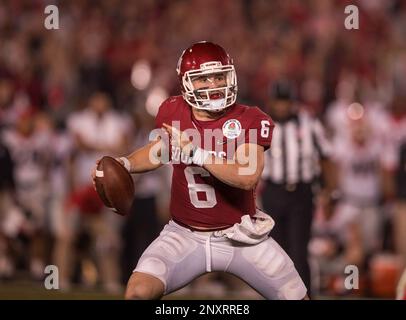 Oklahoma Sooners quarterback Baker Mayfield gives a fist pump during game  against the Georgia Bulldogs at the Rose Bowl in Pasadena, California on  January 1, 2018. Photo by Jon SooHoo/UPI Stock Photo 