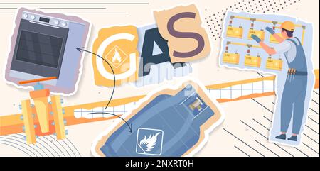 Gas appliance collage in flat style with cooker tank and worker checking equipment vector illustration Stock Vector