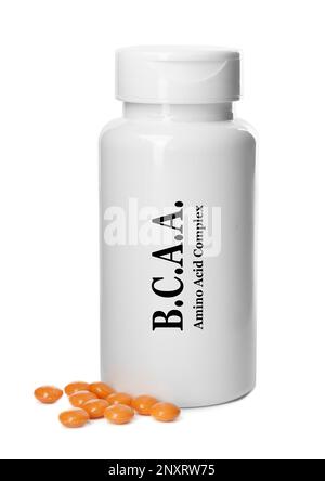 Plastic bottle with Amino Acid Complex (BCAA) and pills on white background Stock Photo