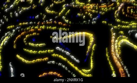 Black background with bright yellow and green backlight. Motion.Bright background with burning particles around in animation. High quality 4k footage Stock Photo