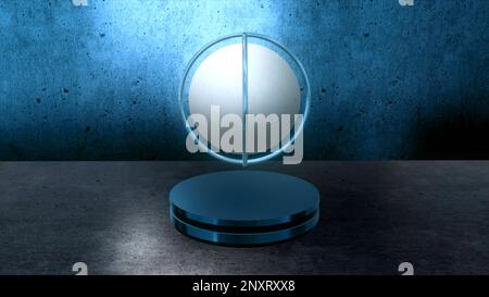 3d lamp ball in space. Motion. 3D ball in weightlessness above stand in interior. Lamp ball in 3d space levitates over stand. Stock Photo