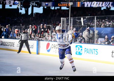January 01, 2018: Buffalo Sabres center Jack Eichel (15) takes a shot  during The 2018 Winter Classic between The New York Rangers and The Buffalo  Sabres at Citi Field in Queens, New