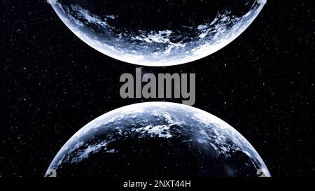 Rotating planet with its reflection. Motion. Illuminated with blue light in animation and its reflection and surrounded by stars. High quality 4k foot Stock Photo