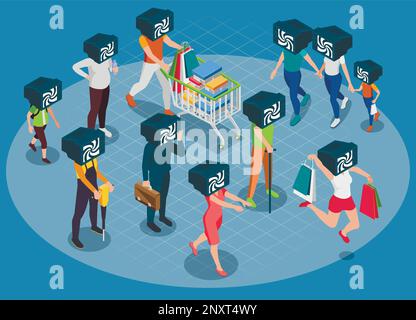 Propaganda tv crowd isometric composition with group of different people with tv monitors set as heads vector illustration Stock Vector
