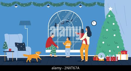 Christmas holiday flat background with family in home interior decorated with garlands and christmas tree vector illustration Stock Vector