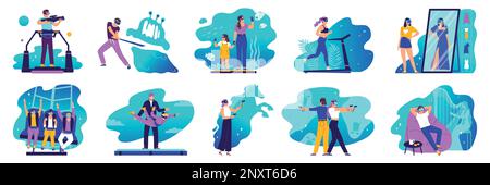 Virtual reality flat set of people wearing augmented reality glasses to get bright emotions isolated vector illustration Stock Vector