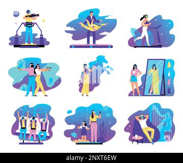 Virtual reality color set of people connected to virtual space by augmented reality glasses isolated vector illustration Stock Vector
