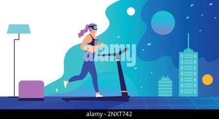 Augmented reality background with girl in VR glasses connected to virtual space flat vector illustration Stock Vector