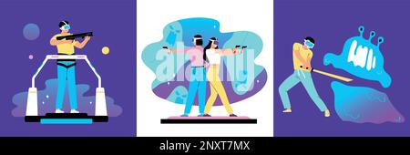 Virtual reality design concept  set of three square compositions with gamers in augmented reality glasses flat vector illustration Stock Vector