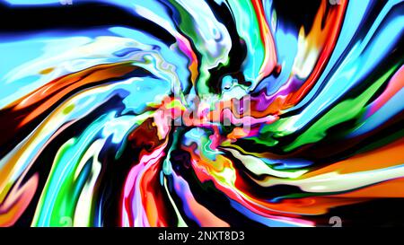 Spreading colored paints creating a fountain. Motion. A dark background on which bright gouache is poured, which spreads in different directions in th Stock Photo