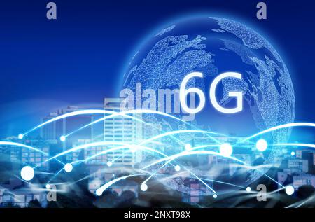 6G network wireless system. Beautiful cityscape and network connection lines Stock Photo