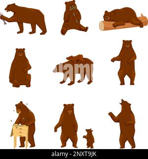 Grizzly bears flat icon set with isolated views of walking bears with cub fish and beehive vector illustration Stock Vector