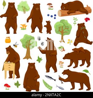 Grizzly bears flat set with isolated images of forest and cartoon style bears behaving like humans vector illustration Stock Vector