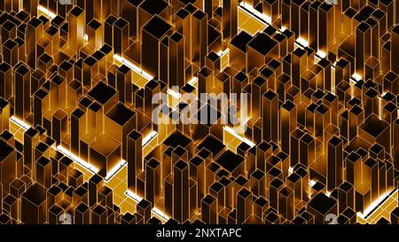 Abstract 3d city with neon lines. Design. 3D image of city made of cubes and neon road lines. Simple animation with rectangles and neon 3d city roads. Stock Photo