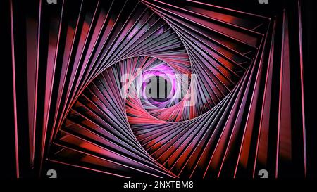 Swirling 3d tunnel of lines and changing light. Design. Spiral tunnel of 3d lines moving and changing colors. Color spots change in rotating spiral. Stock Photo