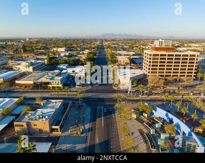 Mesa city center aerial view on Center Street at Main Street at sunset, Mesa, Arizona AZ, USA. Stock Photo