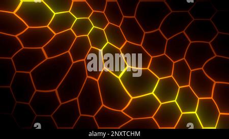 Background with pattern of neon hexagons. Motion. Neon lines in moving distorted hexagon pattern. Hexagonal cells move in curved space on black backgr Stock Photo