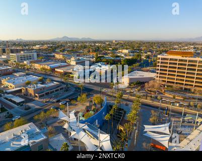 Mesa city center aerial view on Center Street at Main Street at sunset, Mesa, Arizona AZ, USA. Stock Photo