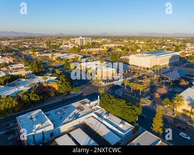 Mesa city center aerial view on Center Street at Pepper Place at sunset, Mesa, Arizona AZ, USA. Stock Photo