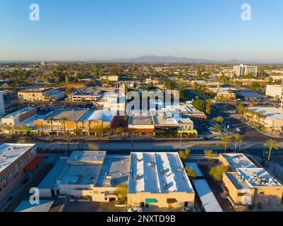 Mesa city center aerial view on Main Street between Center Street and MacDonald Street at sunset, Mesa, Arizona AZ, USA. Stock Photo