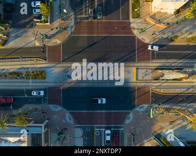 Mesa city center aerial view on Center Street at Main Street at sunset, Mesa, Arizona AZ, USA. Stock Photo