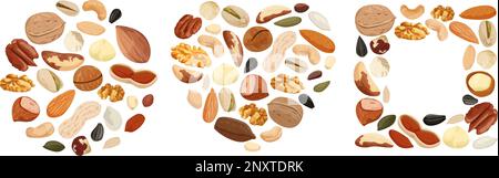 Nuts and seeds flat set with isolated bean icons combined into circle heart and square shapes vector illustration Stock Vector