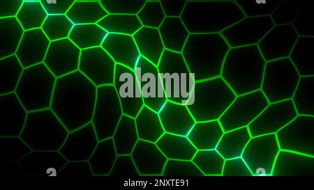Background with pattern of neon hexagons. Motion. Neon lines in moving distorted hexagon pattern. Hexagonal cells move in curved space on black backgr Stock Photo