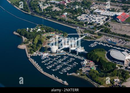 Stock photo aerial view of Ontario Place Park on the Toronto Waterfront. Stock Photo